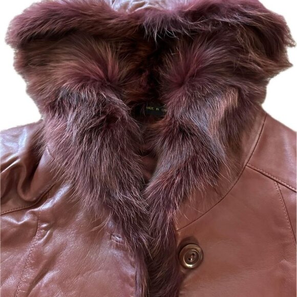 Women’s Vintage Y2K 2000’s Red Leather Jacket with Real Rabbit Fur Trim and Hood - Picture 4 of 4
